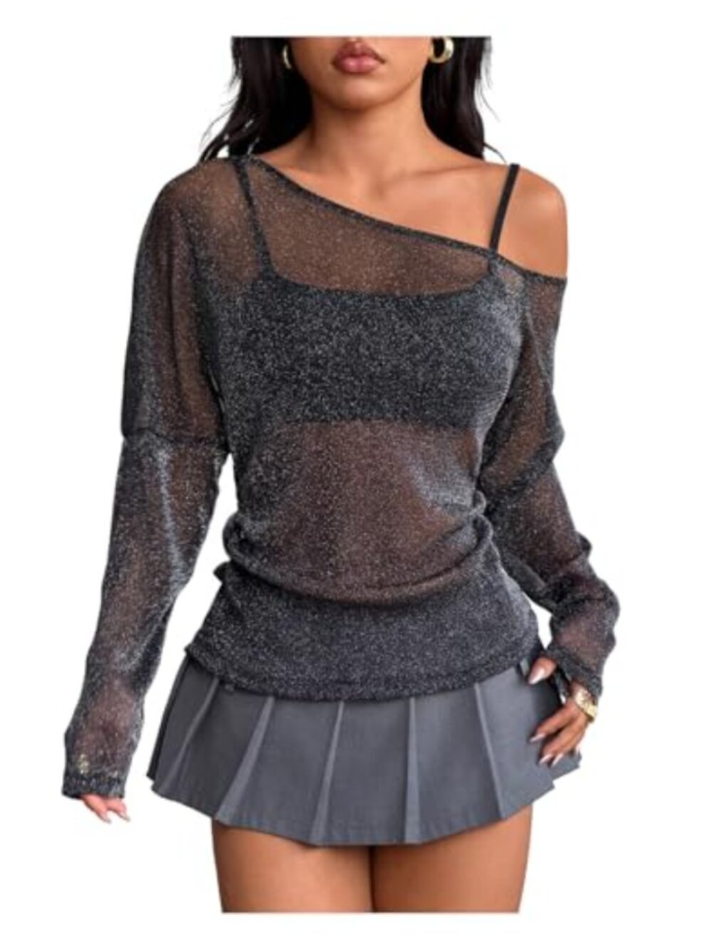 Women's Sparkly Mesh Long Sleeve Top Sequin Sheer Y2K Concert Tee